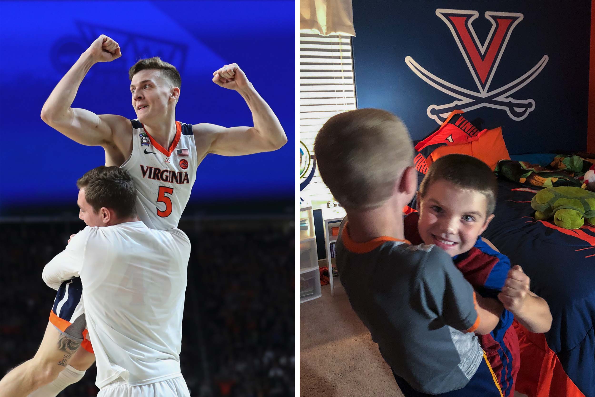 Left: Guy being held up by his team mate after championship win.  Right: two children recreating the picture on the left