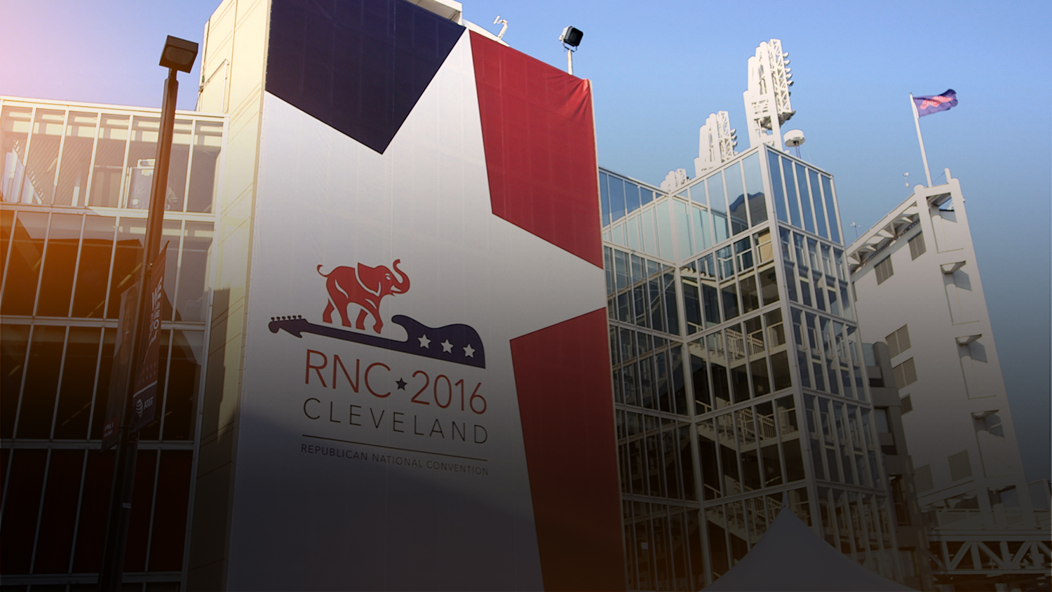 Big Banner on the side of a building reads. RNC * 2016 Cleveland