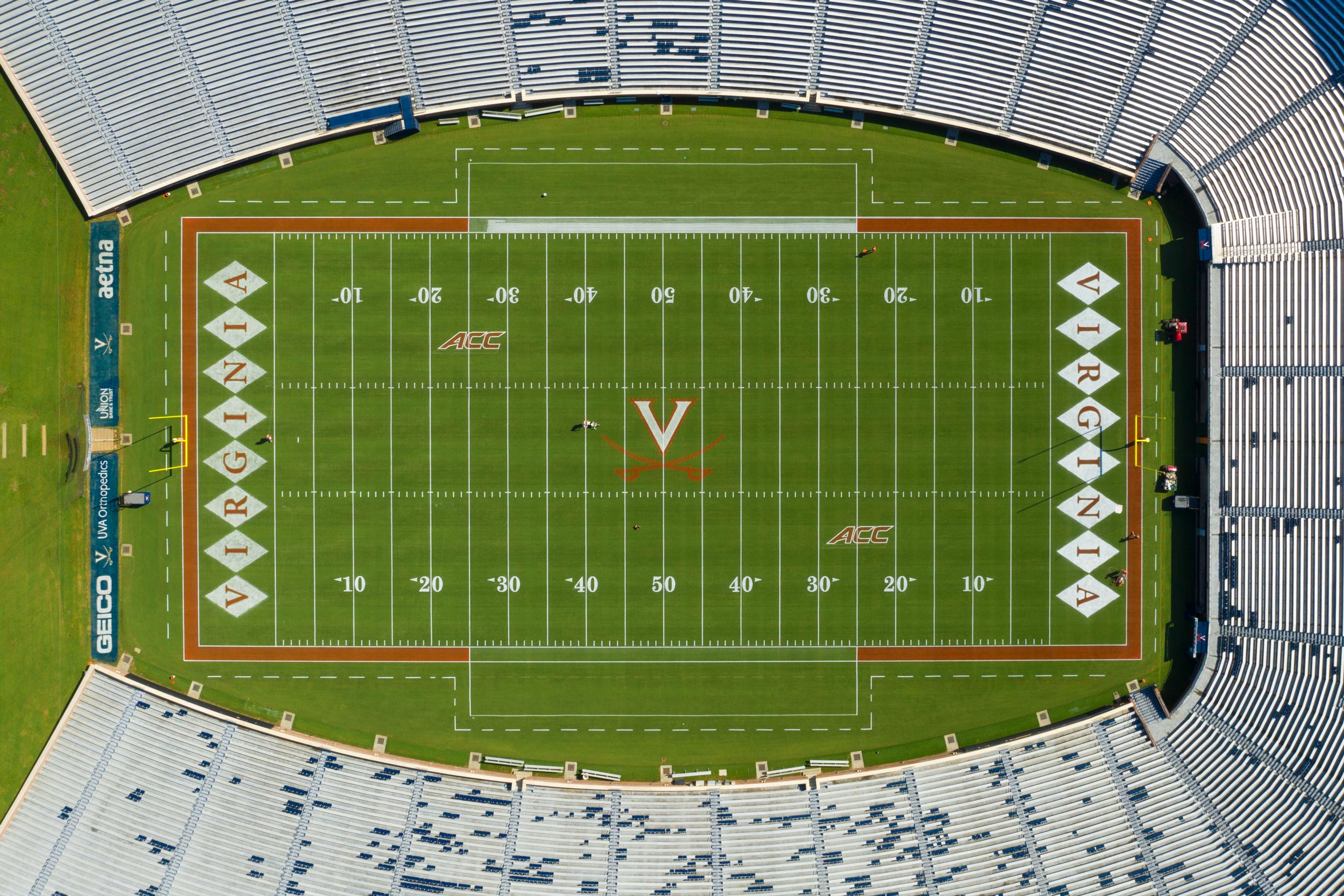 Aerial view of the UVA football field at Scott Stadium
