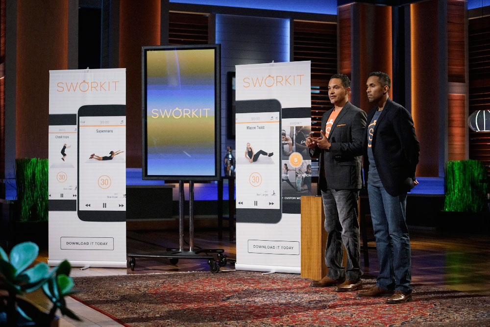 Ben Young, left, pitches his app, Sworkit, on shark Tank with co-founder Gregory Coleman.