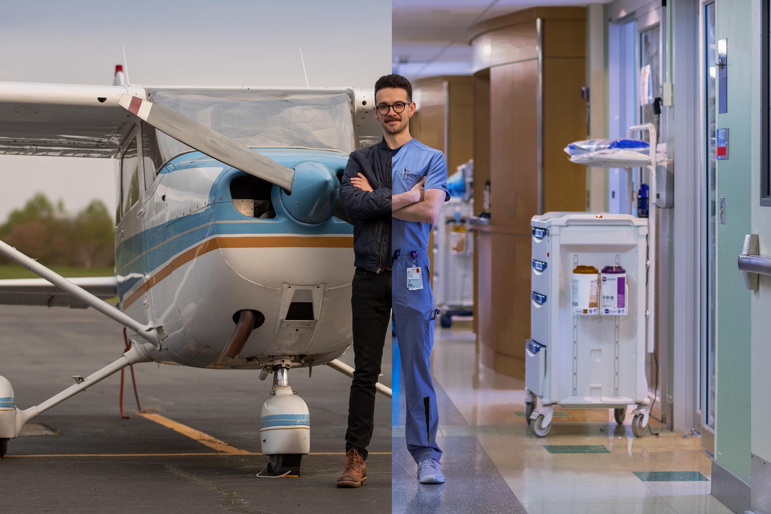 Sidney St. Clair split in half.  Left half he is standing in front of an airplane Right side he is standing in a ER