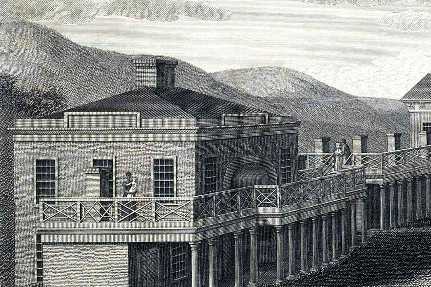 Detail drawing of the Lawn buildings with slaves on the upper balconies. 