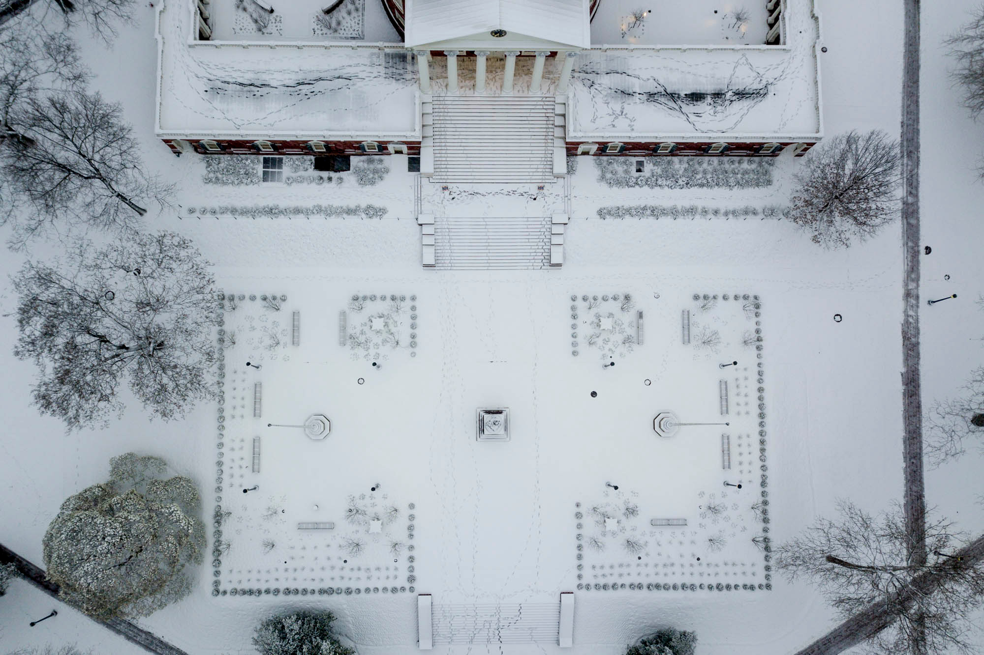 Aerial view of a building in the snow