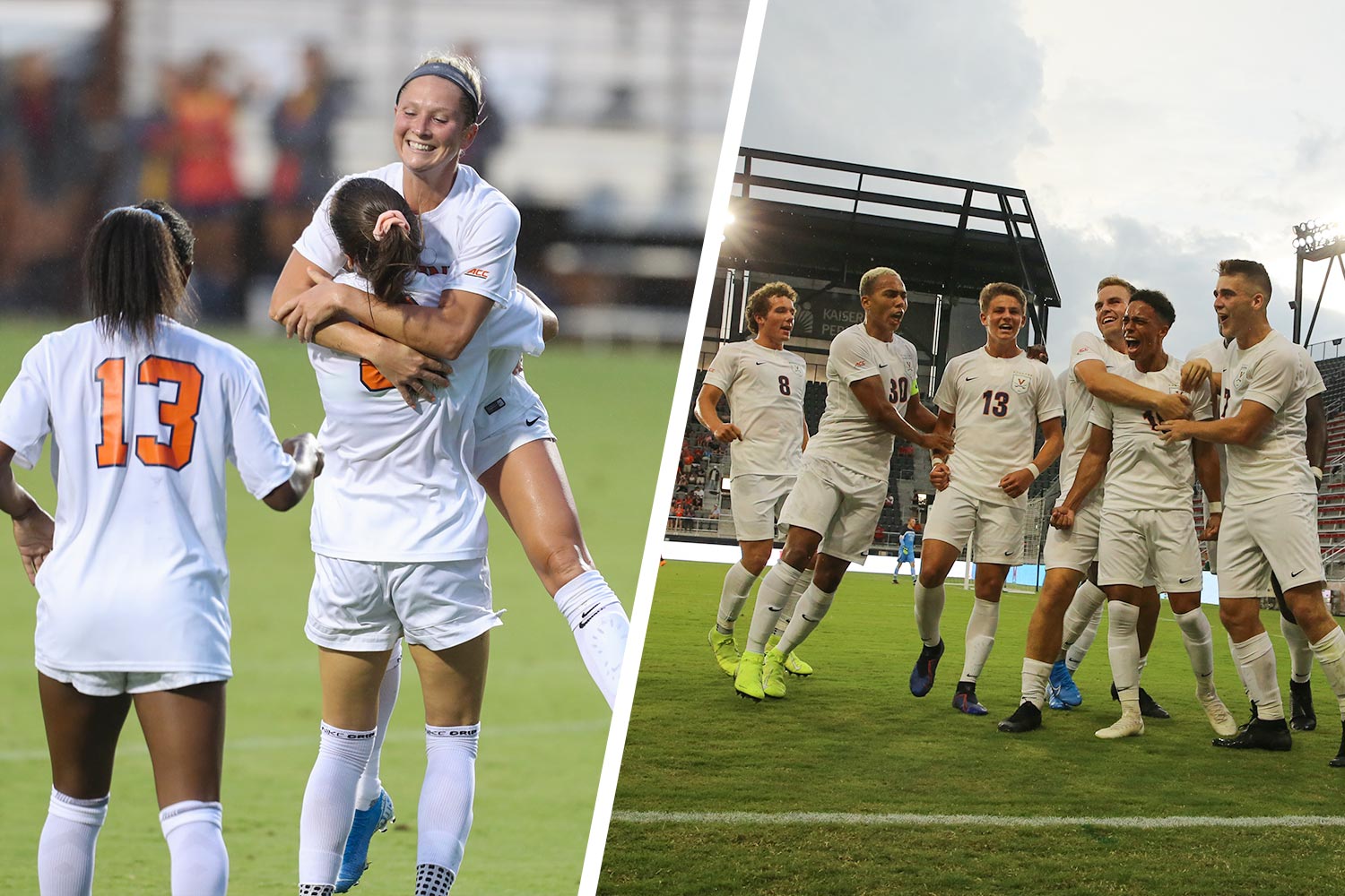 Left: Womens soccer team embraces after a victory.  right: Mens soccer team embraces after a victory
