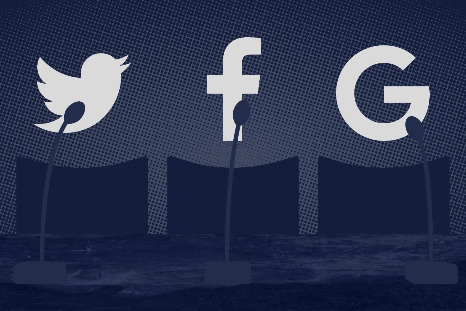 Illustration of the Twitter, facebook, and google logos at microphones