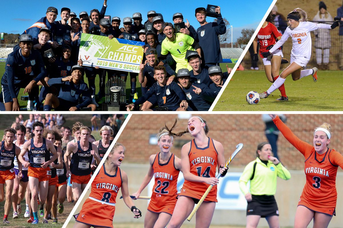 Collage of the UVA cross country, field hockey, men’s and women’s soccer teams