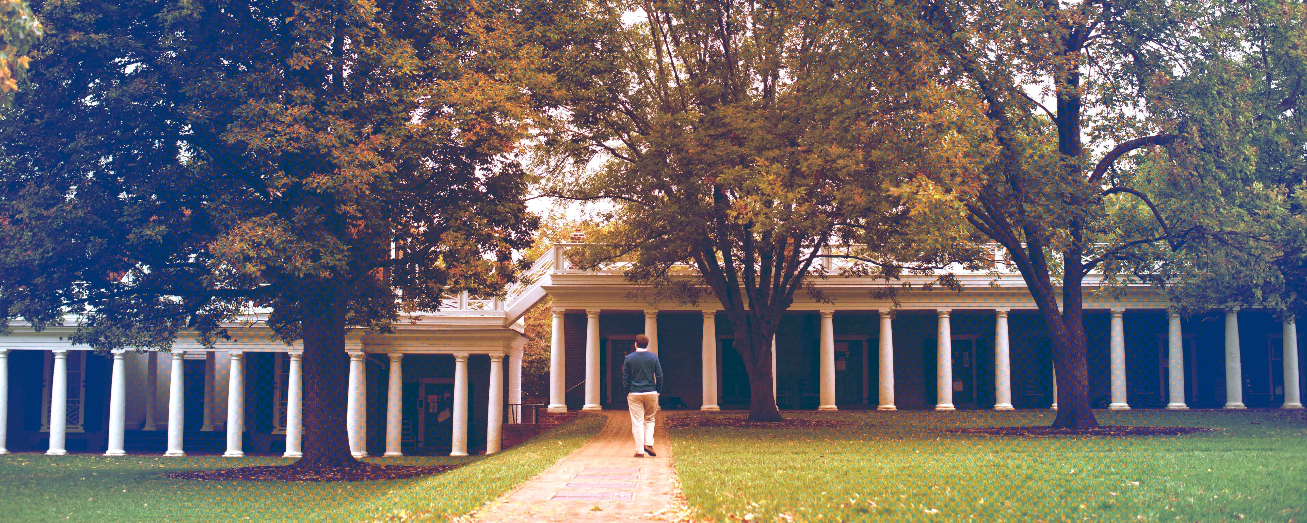Man walking on a sidewalk to a pavilion building on the lawn