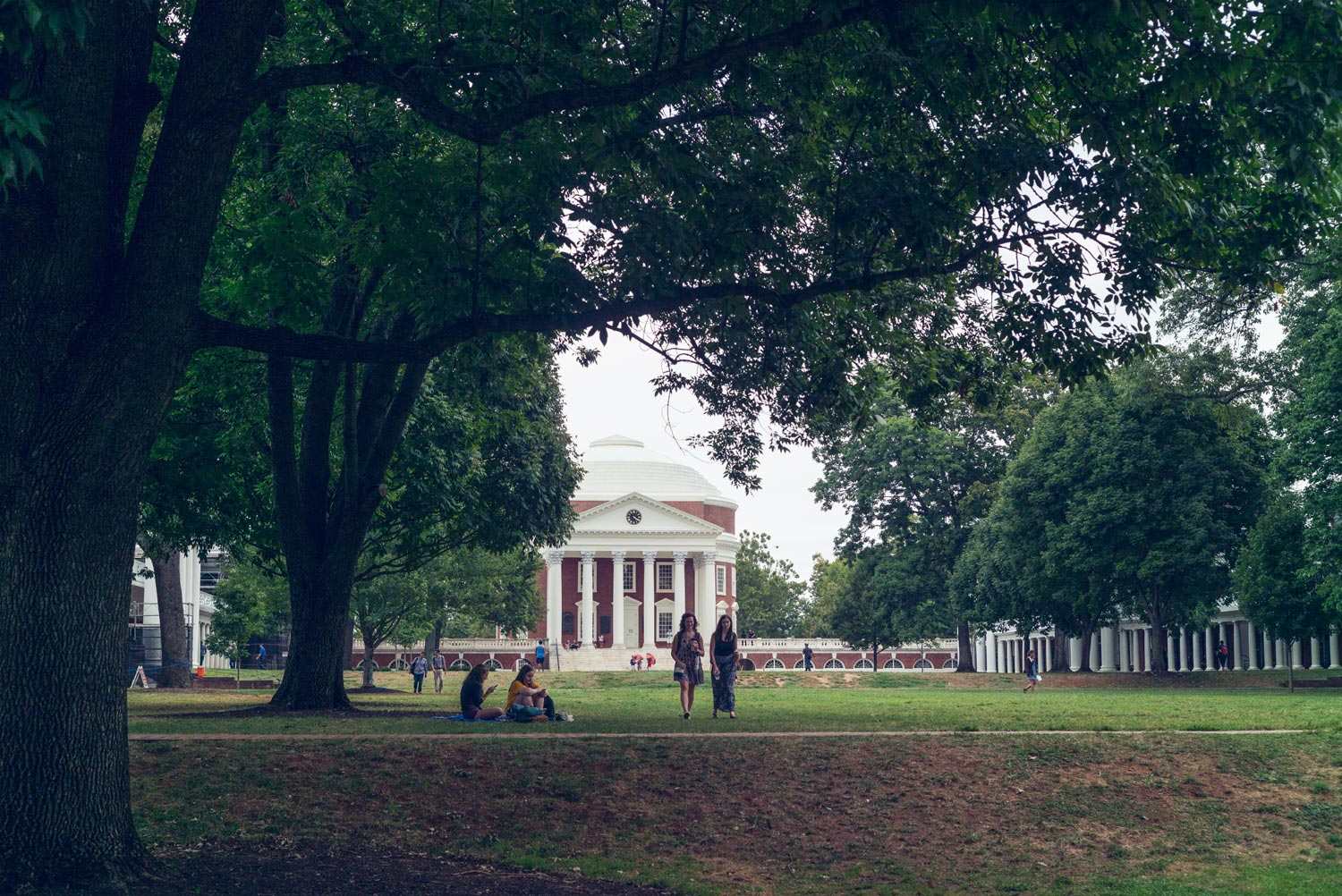 Students walking on the Lawn in front of the Rotunda