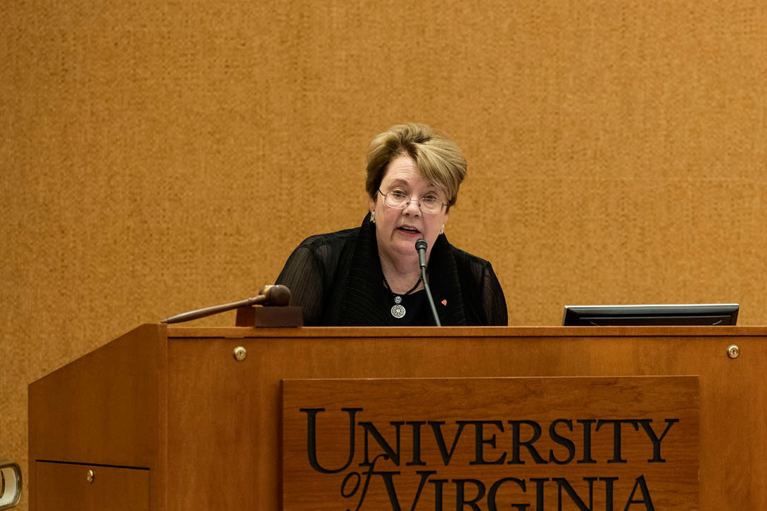 UVA President Teresa A. Sullivan talking at a podium