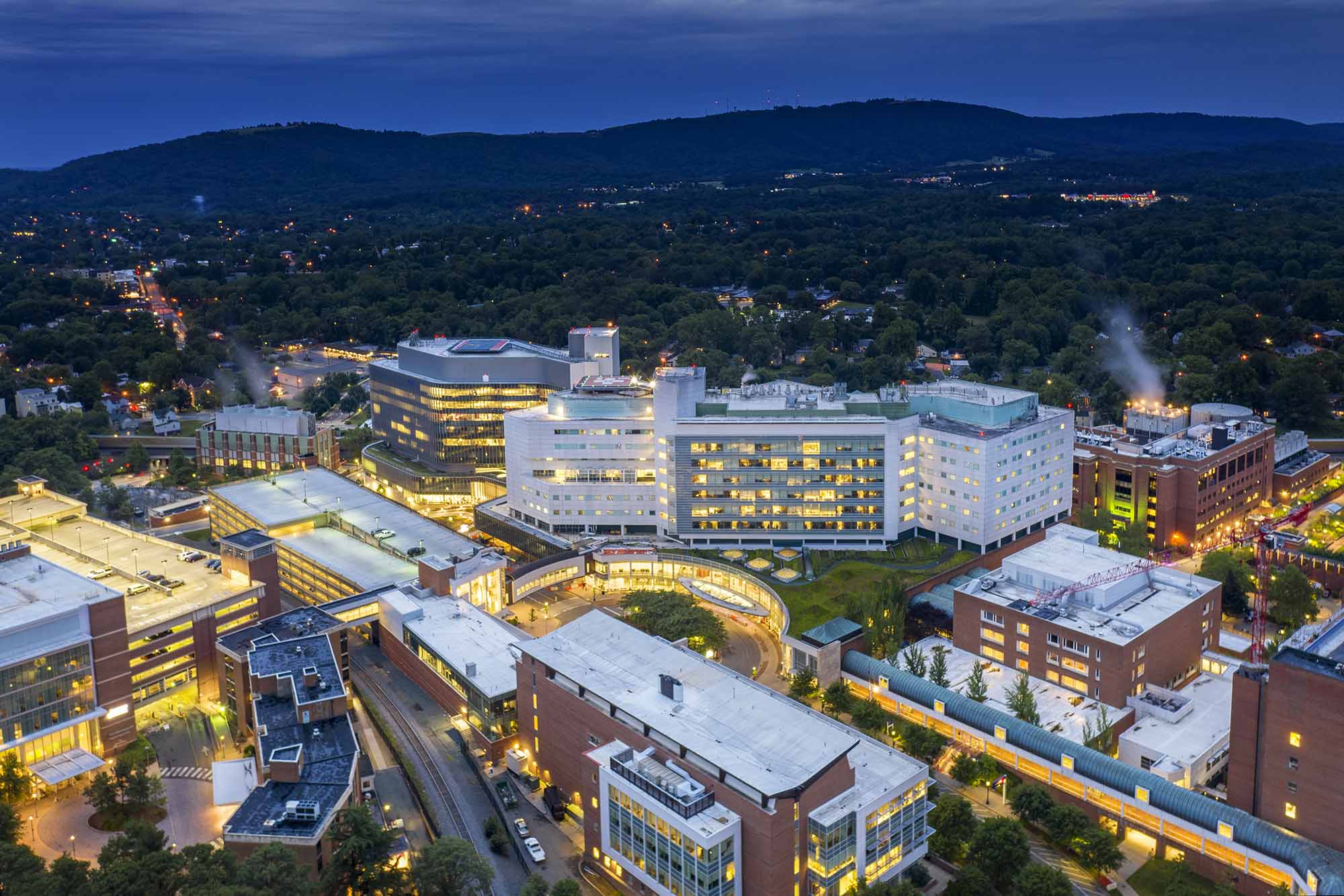 Aerial view of the UVA Health Center Buildings at dark