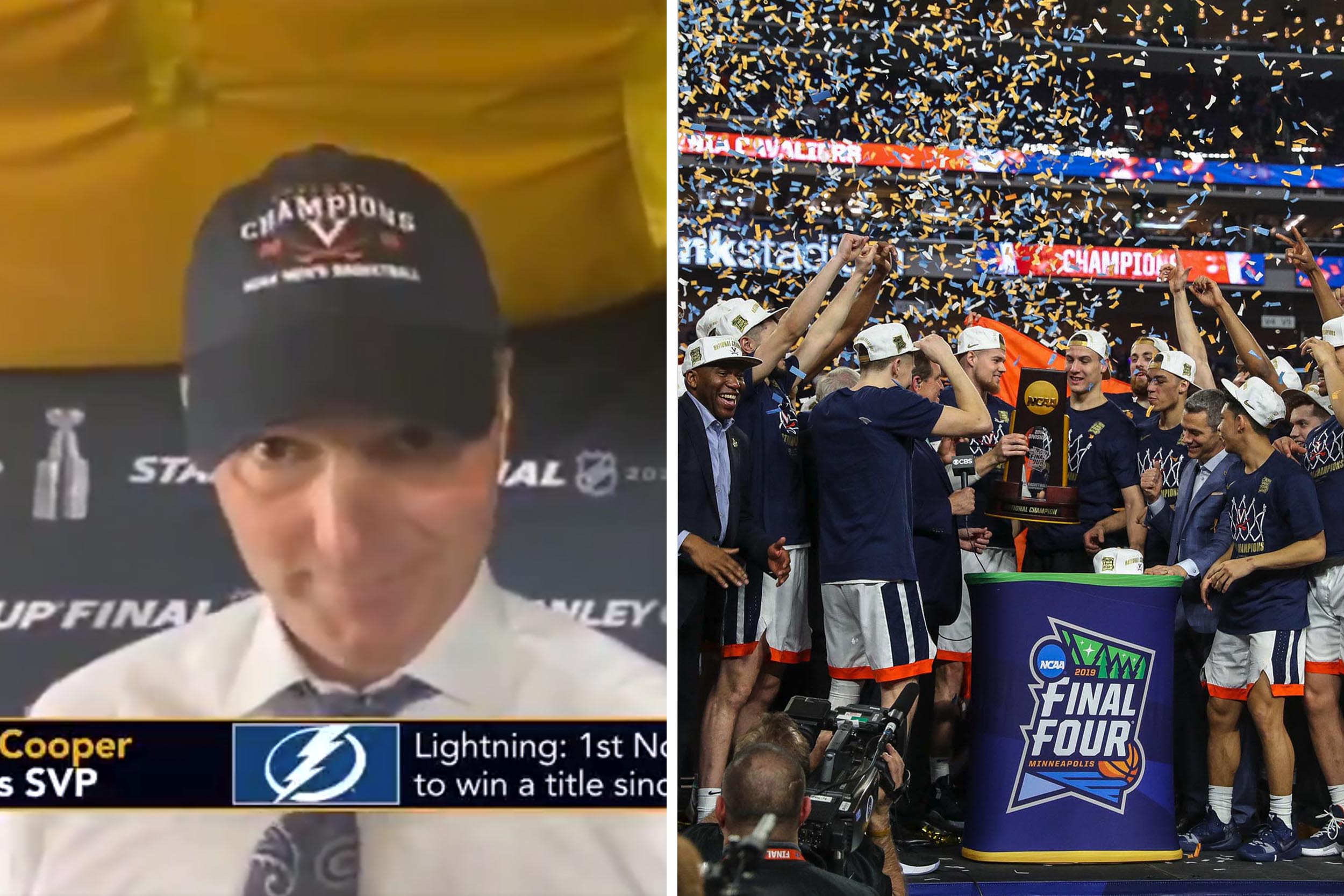 Jon Cooper, left, wearing a UVA hat on ESPN, Right: UVA basketball team celebrating as a team lifting up the NCAA trophy