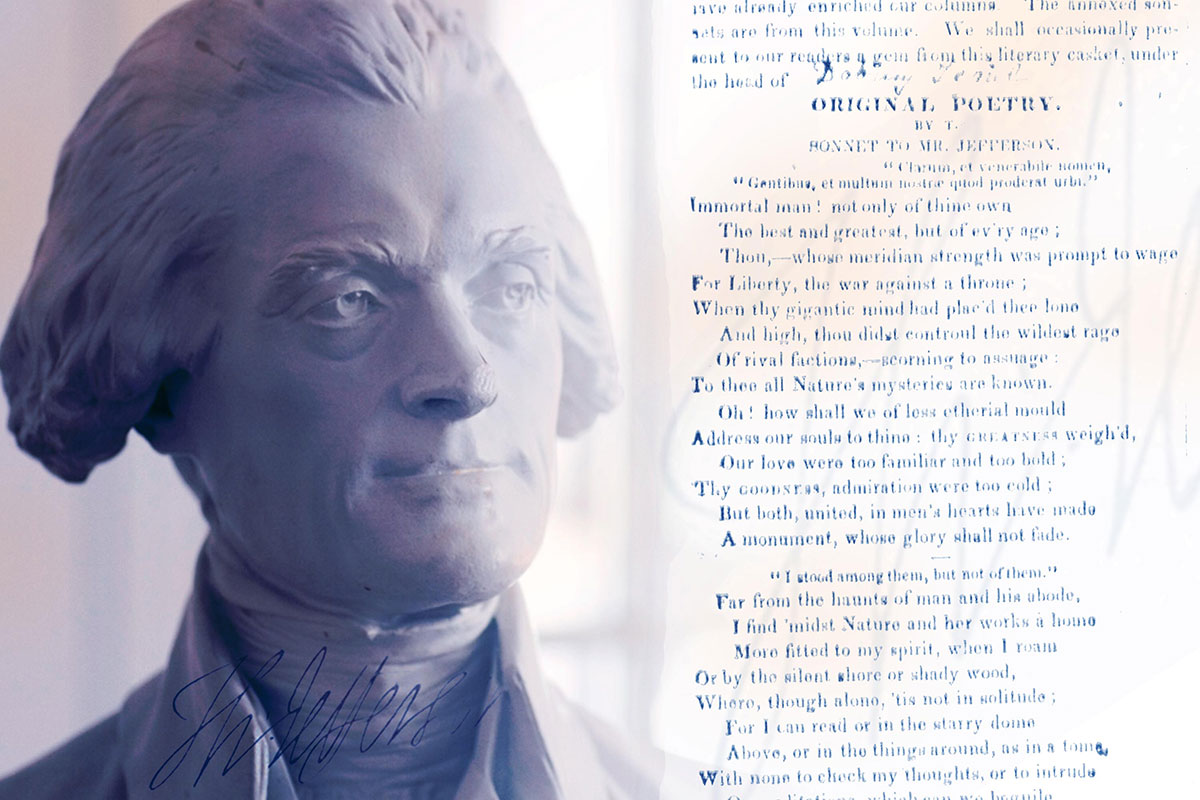 Thomas Jefferson statue bust next to a poem about him