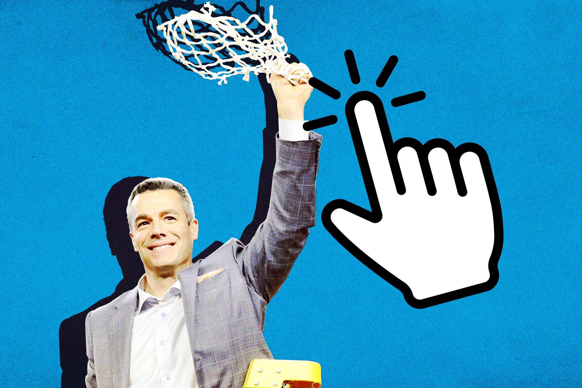 illustration: tony Bennet holding winning basketball net left Big Click pointer icon right