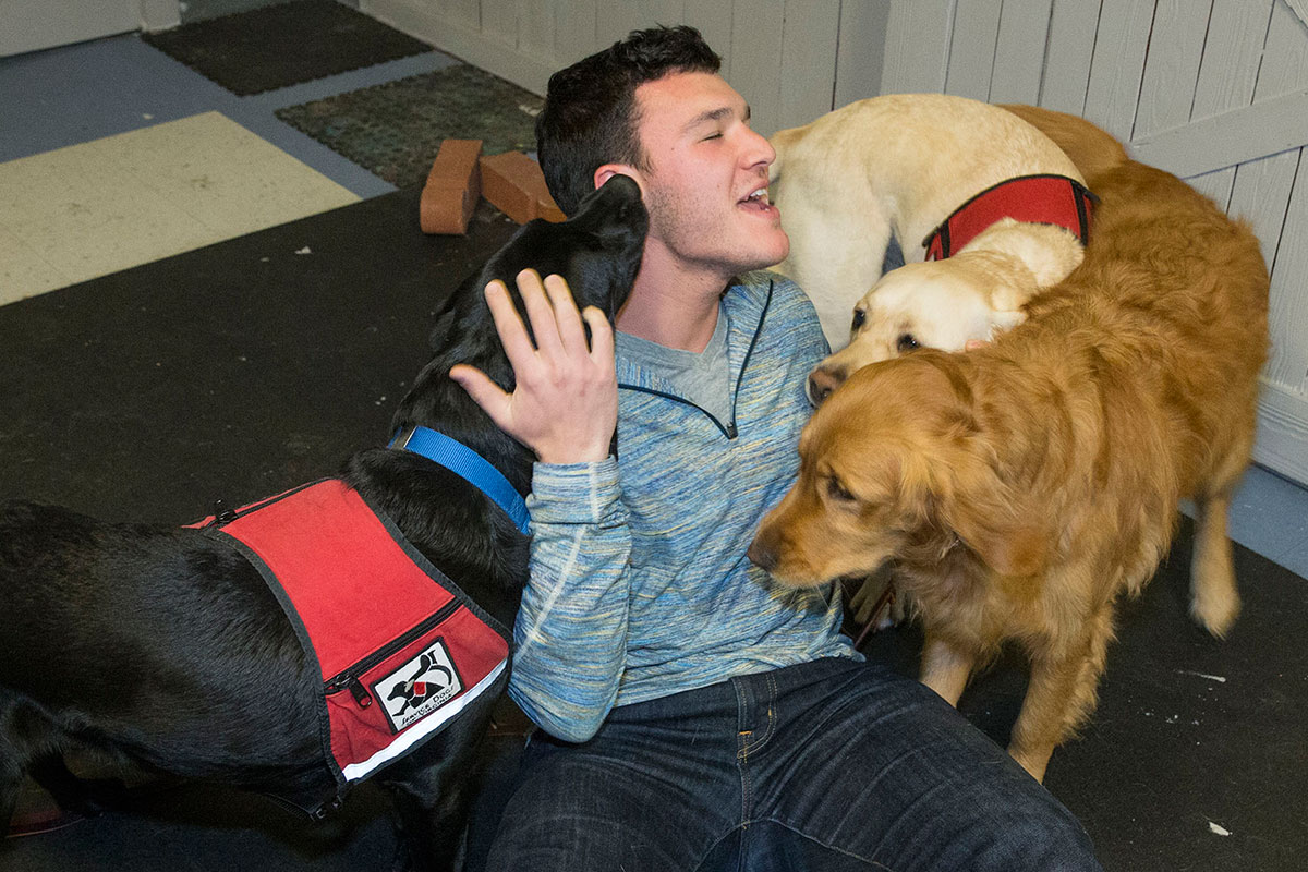 Totem co-founder Kyle Matthews meets some of the pups of Service Dogs of Virginia, the latest beneficiaries of the new app’s fundraising model.