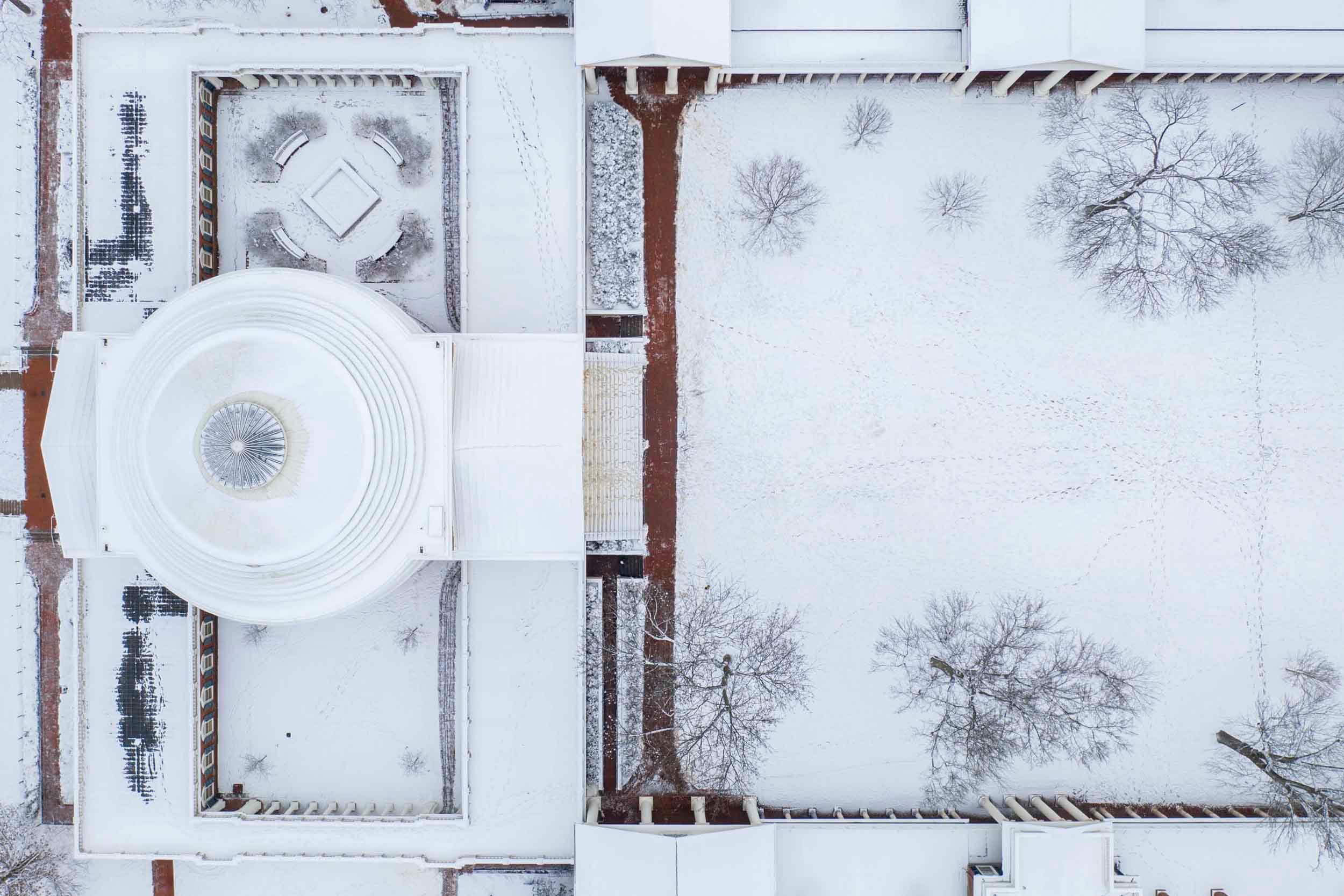 Arial view of the top of the Rotunda in the snow