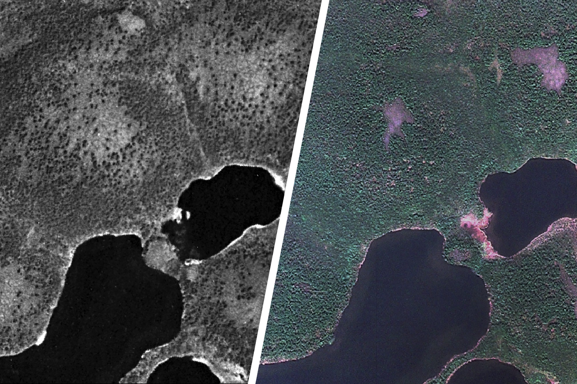 Two satellite photos of Arctic tundra in the western Taymyr Peninsula.  Left is black and white and Right is in color