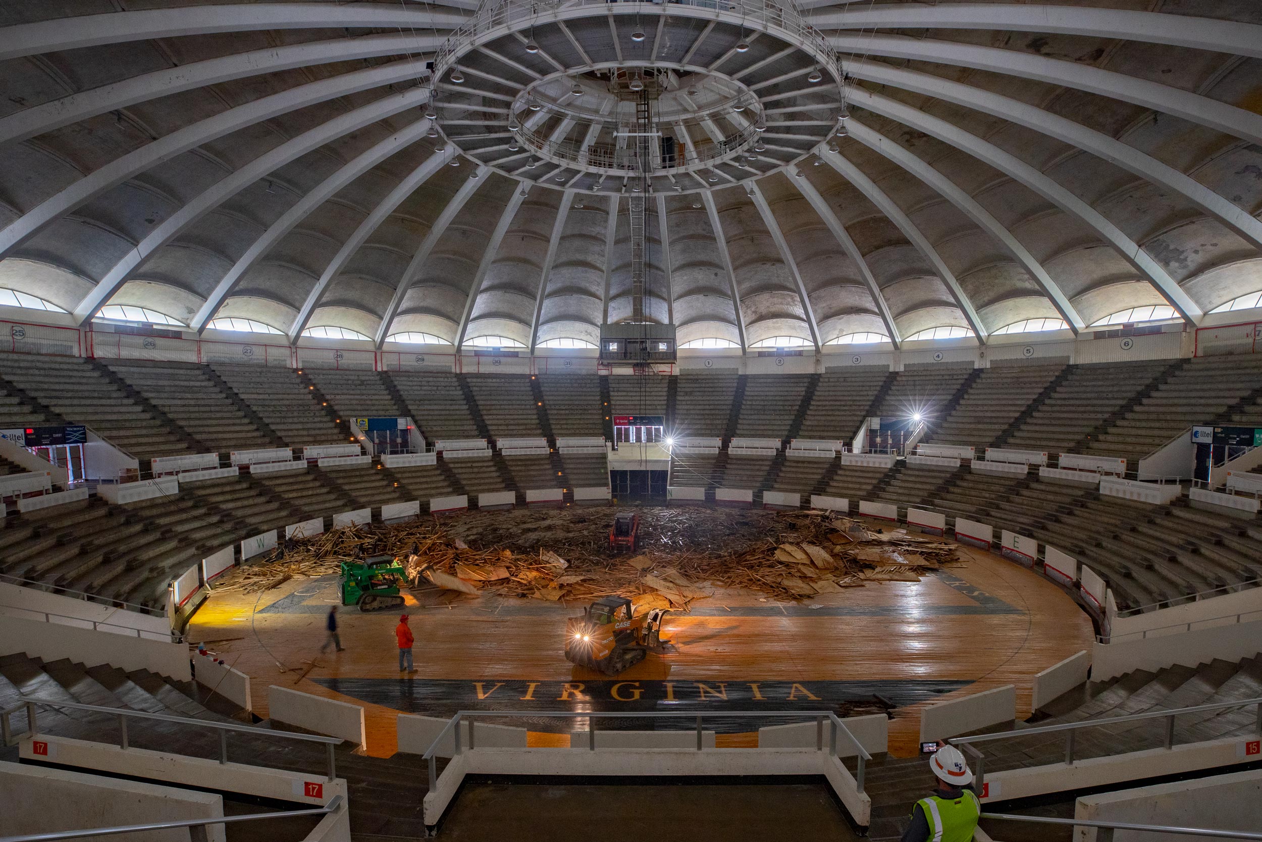 Uhall's dome hardwood flooring being removed