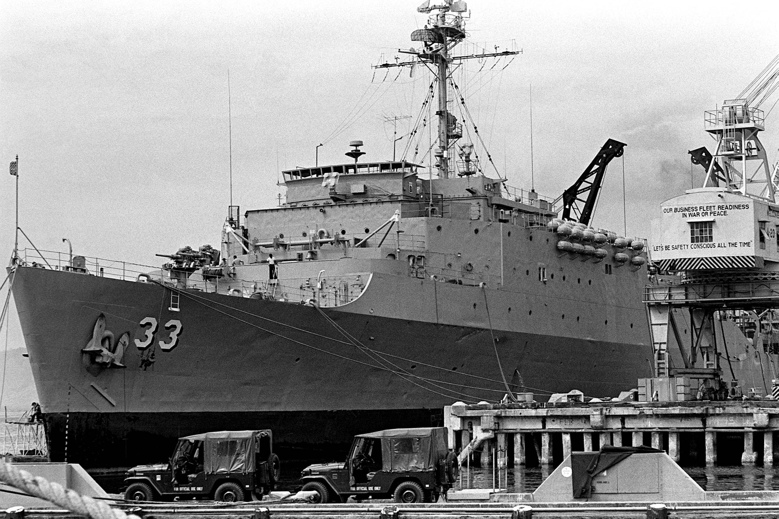 Black and white image of the USS Alamo 