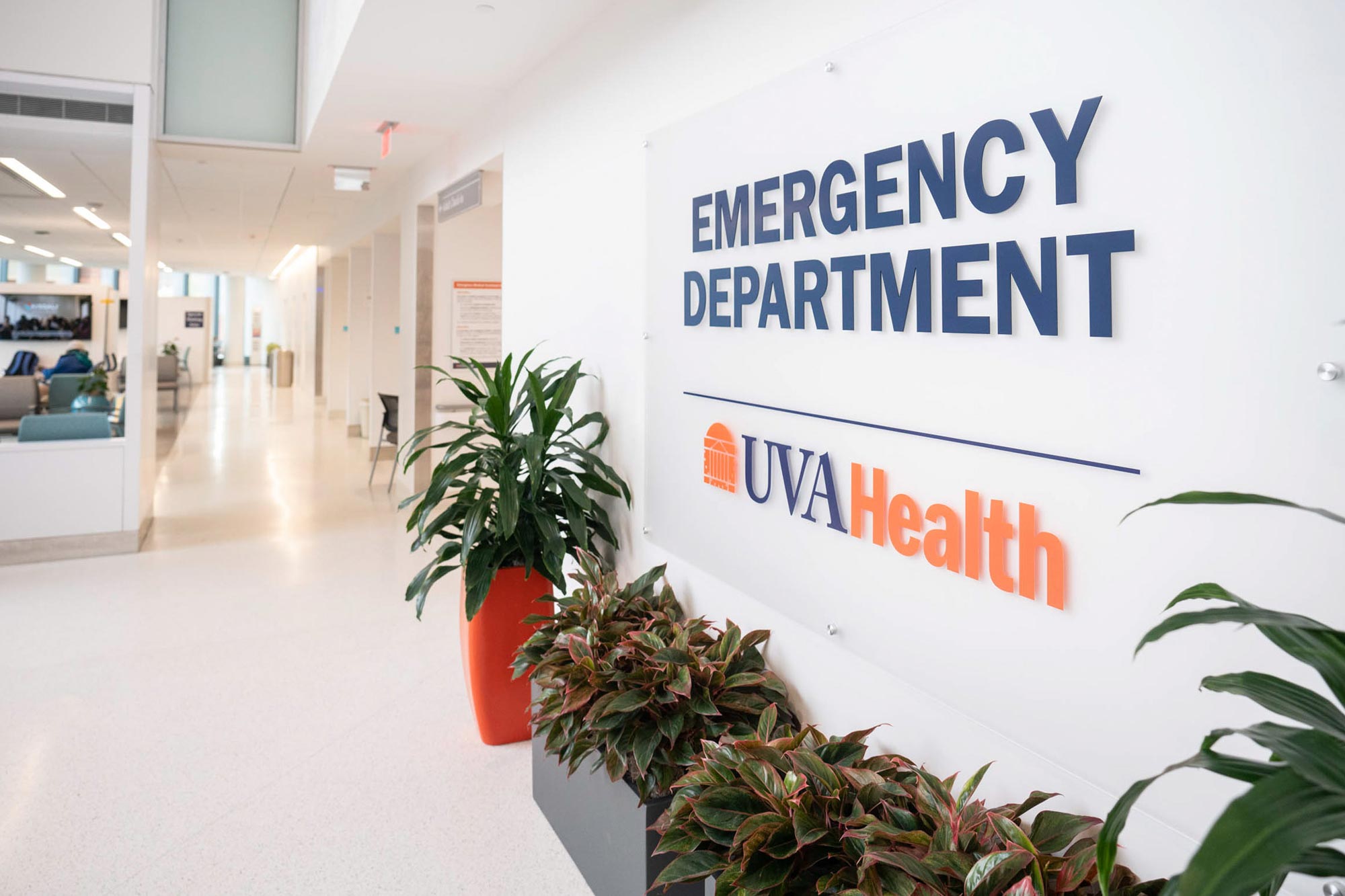 Inside of UVA's ED with a sign that reads Emergency Department UVA Health