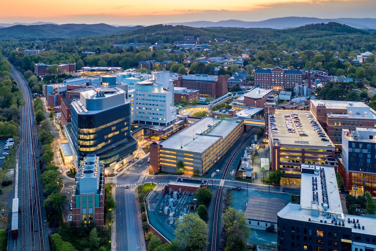 Arial view of the UVA Health Center Buildings at dusk
