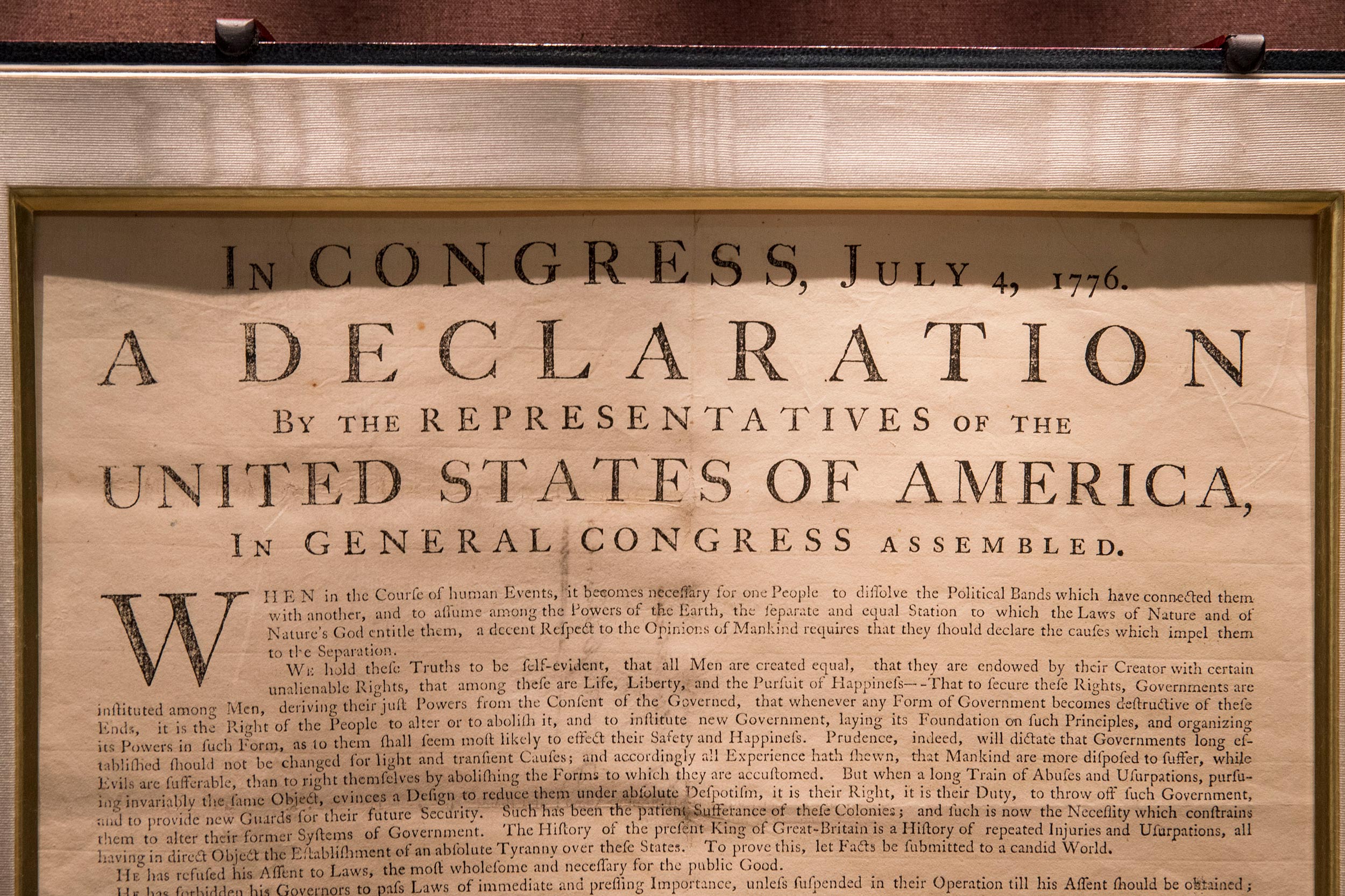 Up close view of a framed copy of the Declaration of Independence