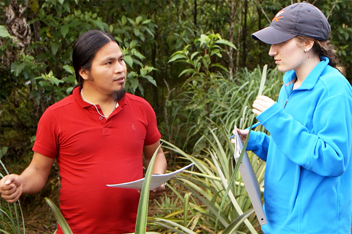 Student talks to a man in an Ecuador field full of tall grass like plants