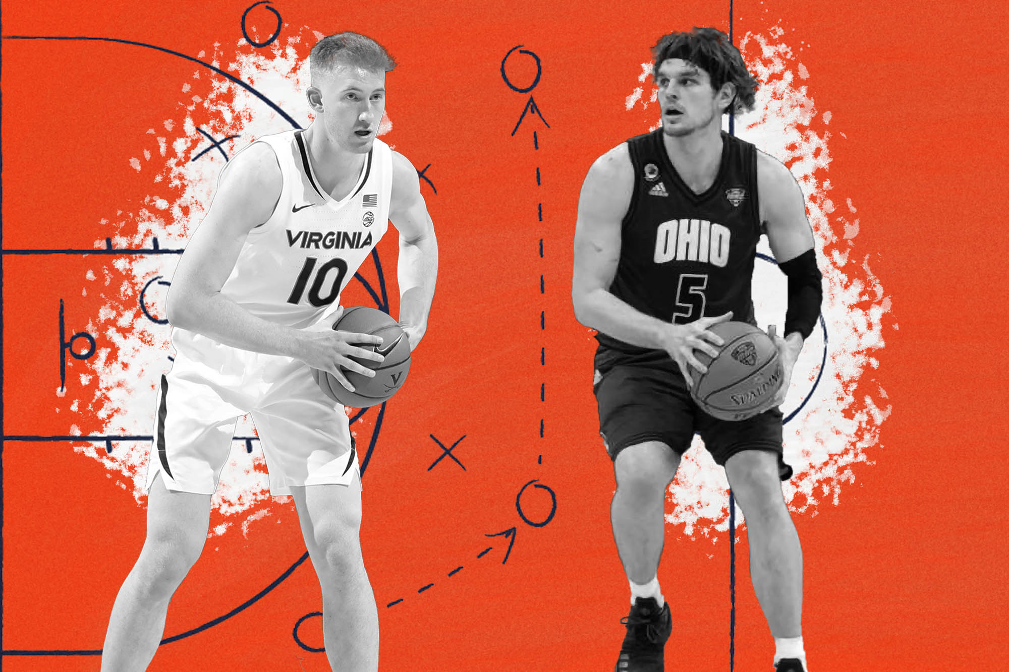 UVA’s Sam Hauser, left, and Ohio’s Ben Vander Plas both holding a basketball before during a game