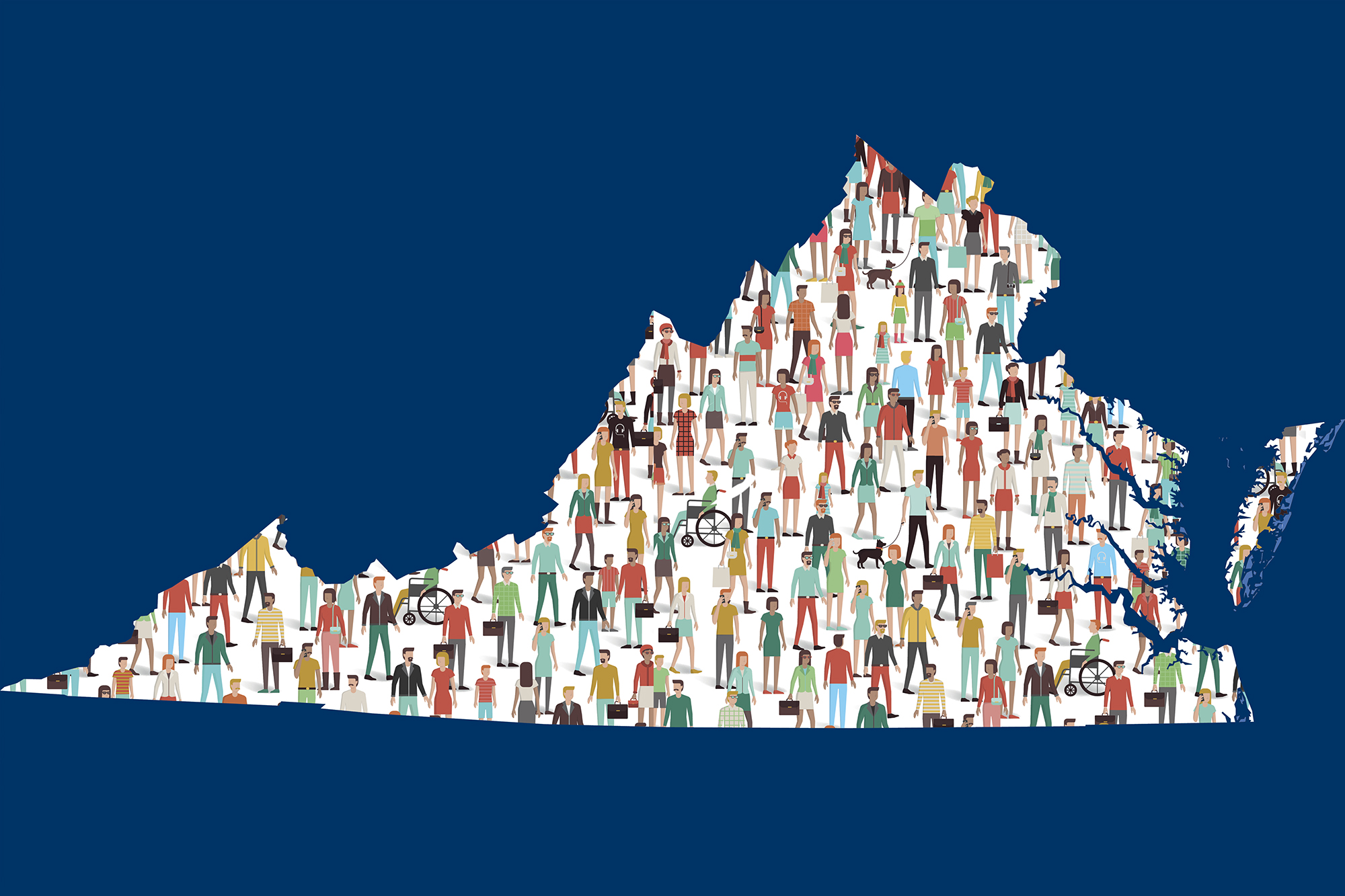 The state of Virginia with illustrations of people inside of it