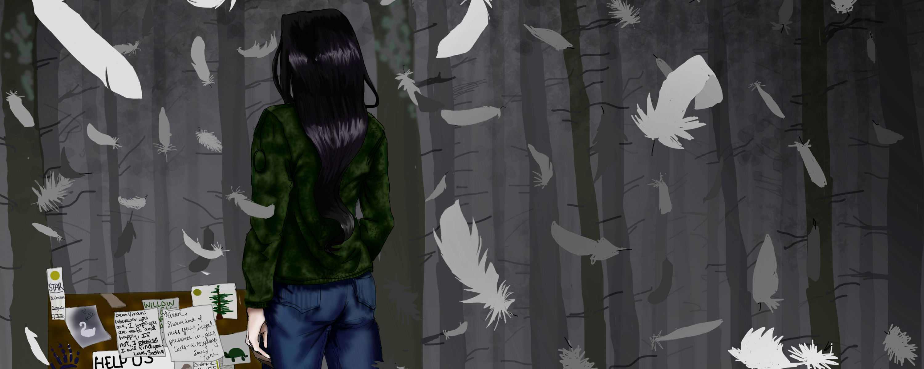 Illustration of a person in the woods with feathers falling from the sky