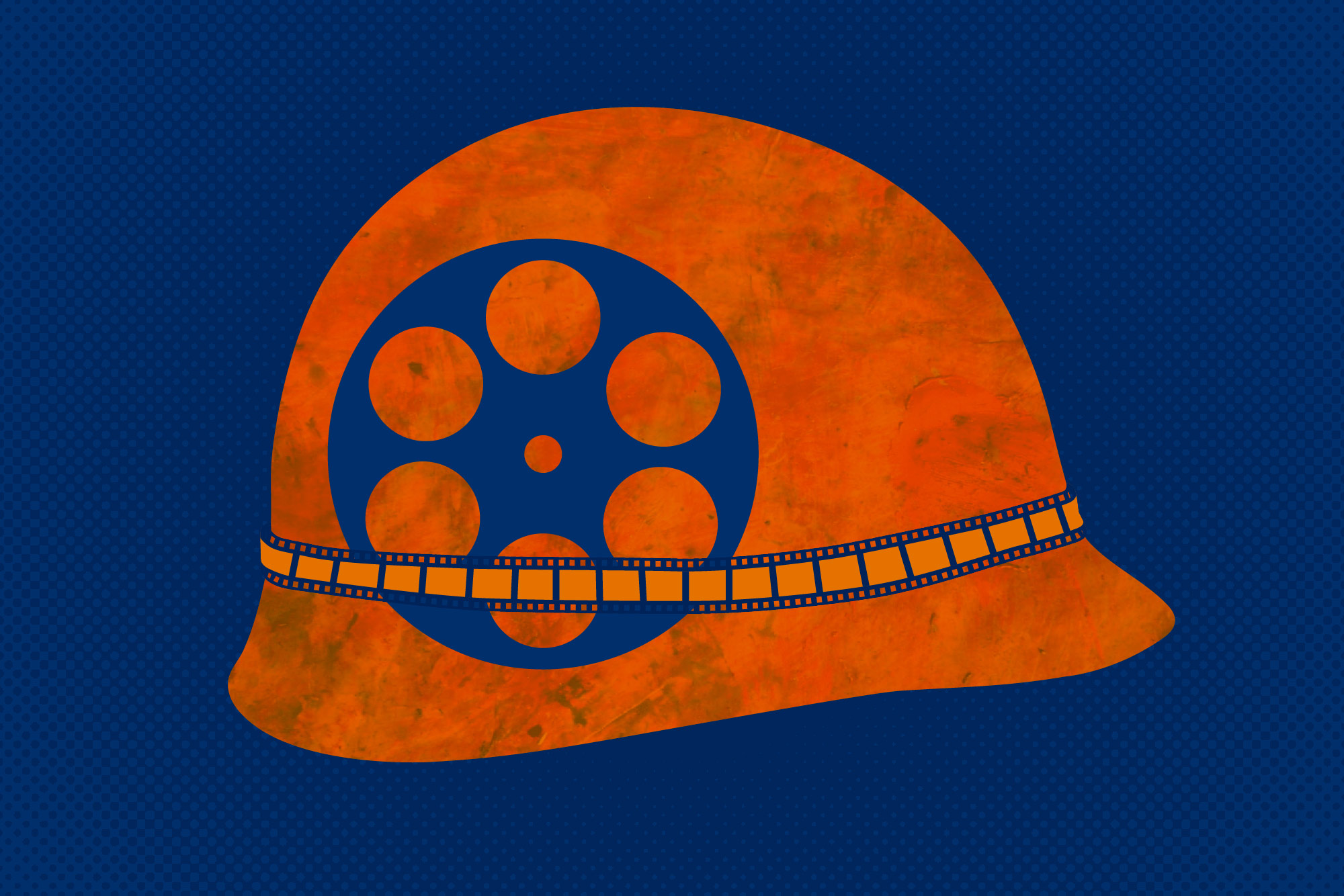 Illustration of a military helmet that has movie film around it