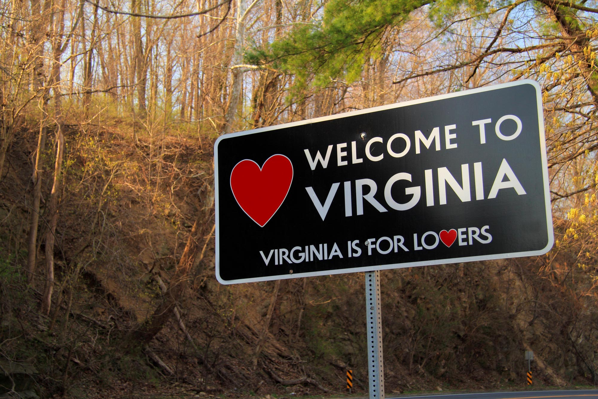Road sign that reads: Welcome to Virginia  Virginia is for Lovers