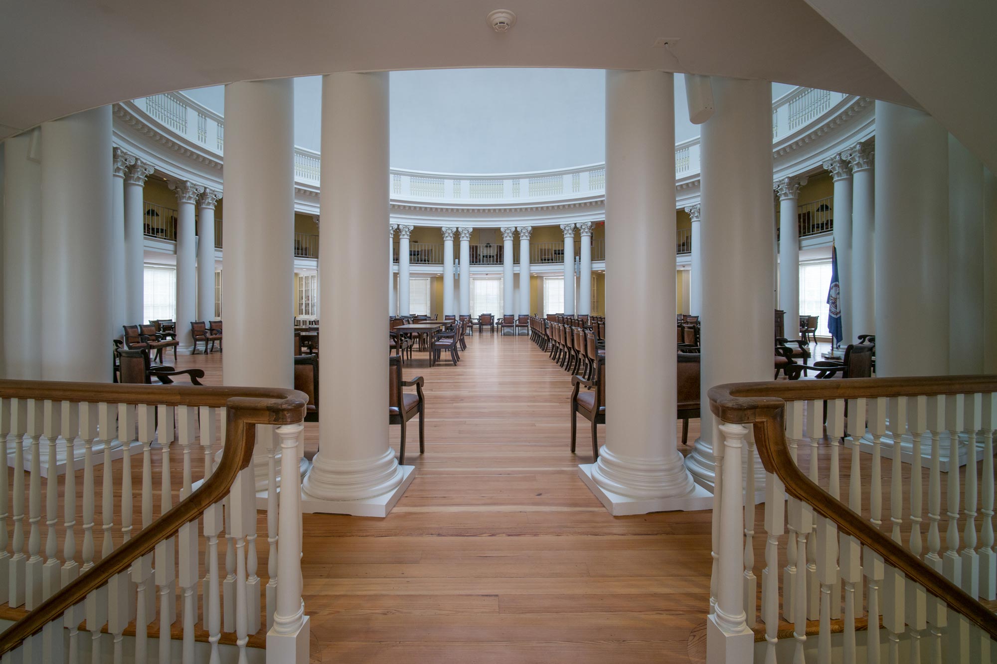 View of the top floor of the Rotunda from the steps where chairs and tables are setup for student to use