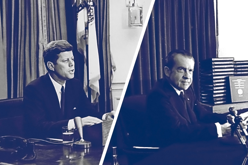 Left: John F. Kennedy speaking Right: Richard Nixon sitting at a desk speaking
