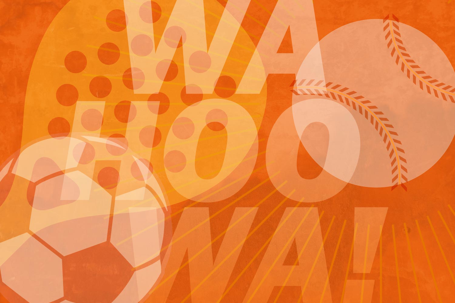 Illustration of a baseball, soccer ball,  tennis racquet with the faint text WAHOO WA!