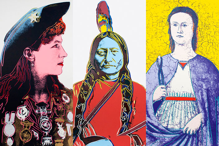 Three painted portraits.  Woman wearing a cowboy hat with a sheriff badge on it (left), Native American (center), and an old time lady holding pliers with a tooth in it (right)