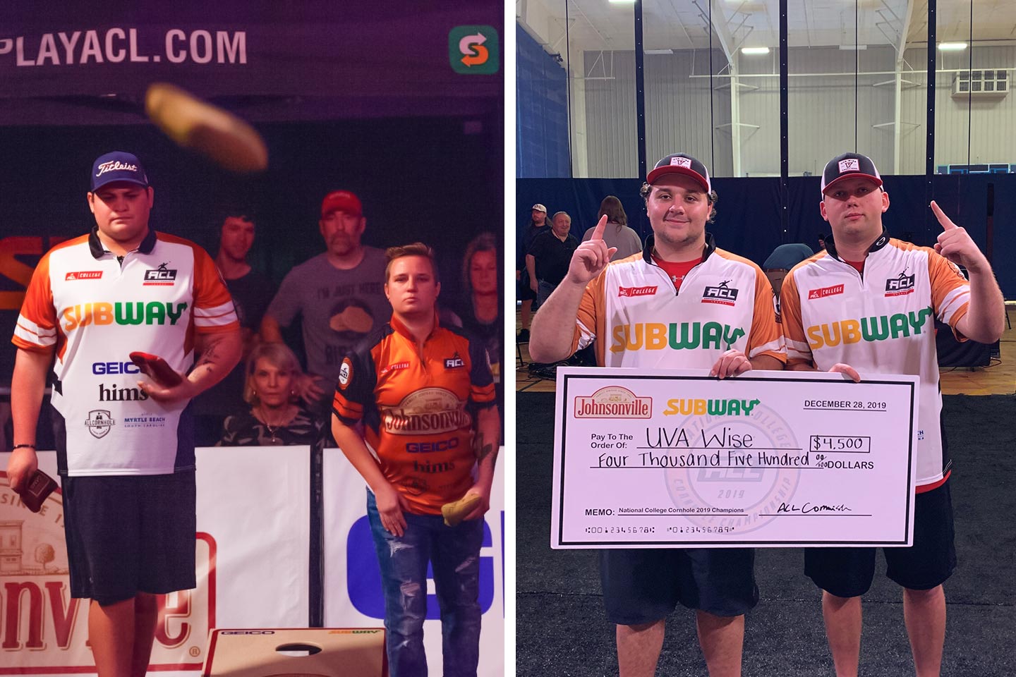 Left: Two players playing cornhole Right: Austin Schlobohm and Isaac Green holds a huge check for 4,500 dollars