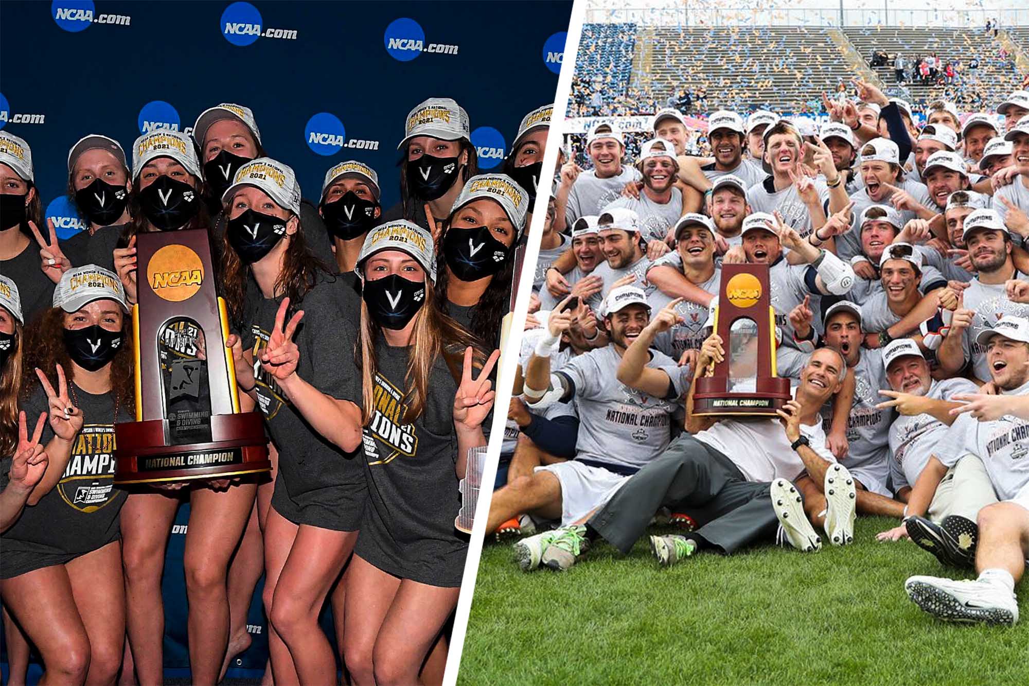 left: swimming and diving team holding ncaa championship trophy, right: Mens lacrosse team holding their NCAA championship trophy