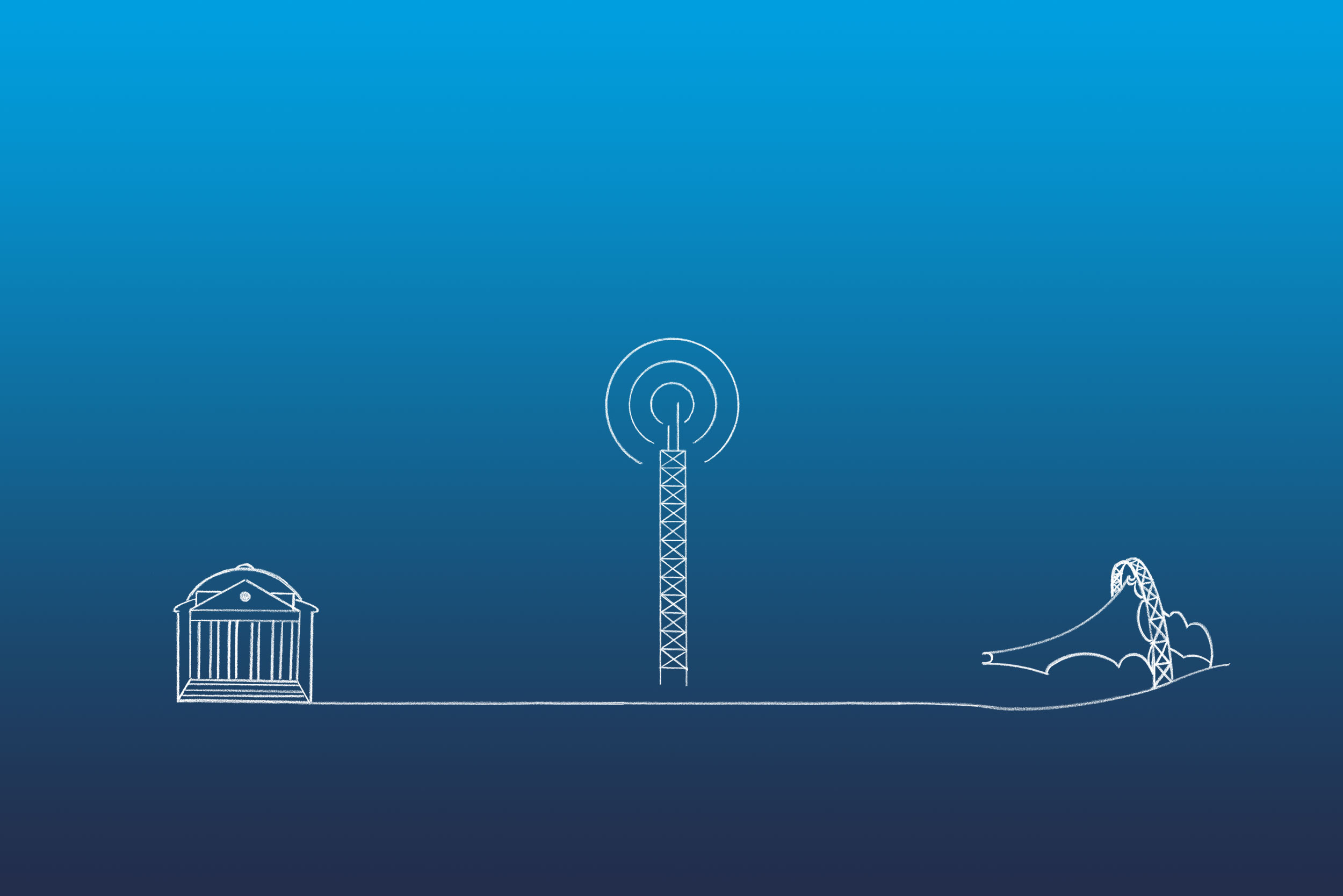 Illustration of the Rotunda, a cellphone tower, and a mountain.  A line connects them all