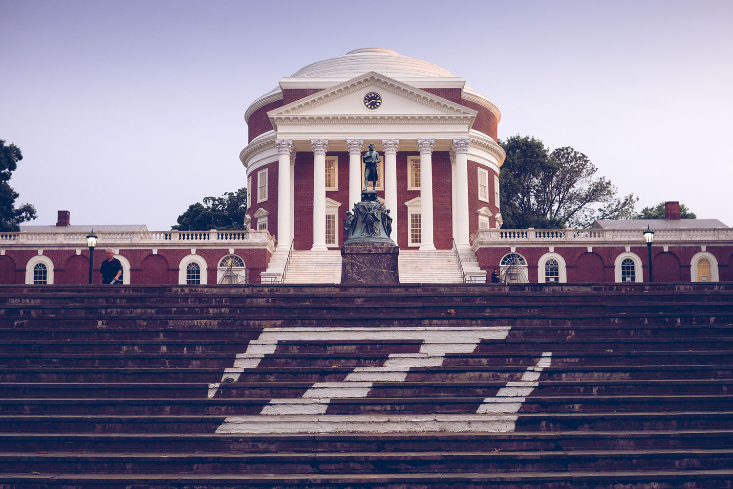 The Rotunda and Thomas Jeffersons statue in front with a big white z on the steps