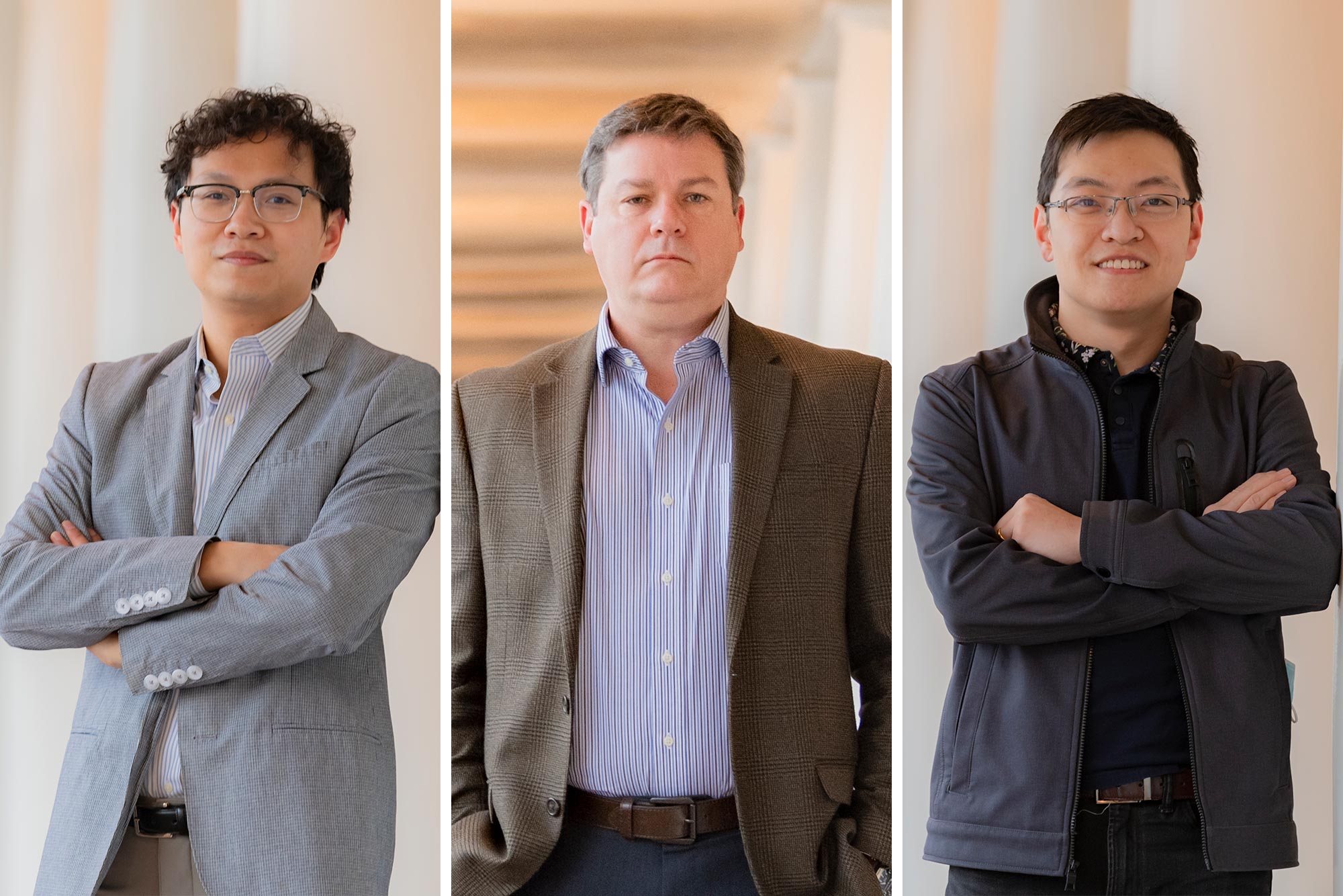 Headshots:  Sen Zhang, left, T. Brent Gunnoe, center, Chang Liu, right