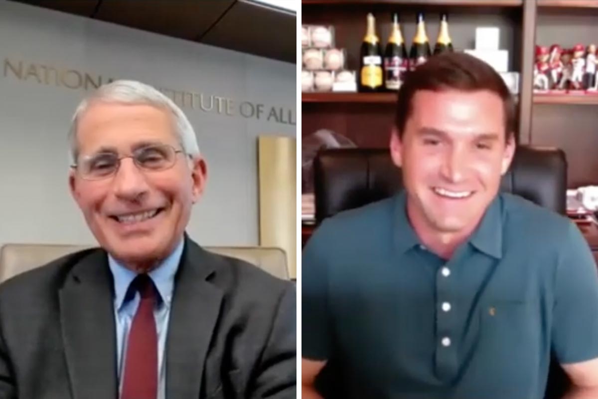 Left: Dr. Fauci smiling into the zoom camera Right: Zimmerman smiling into the zoom camera