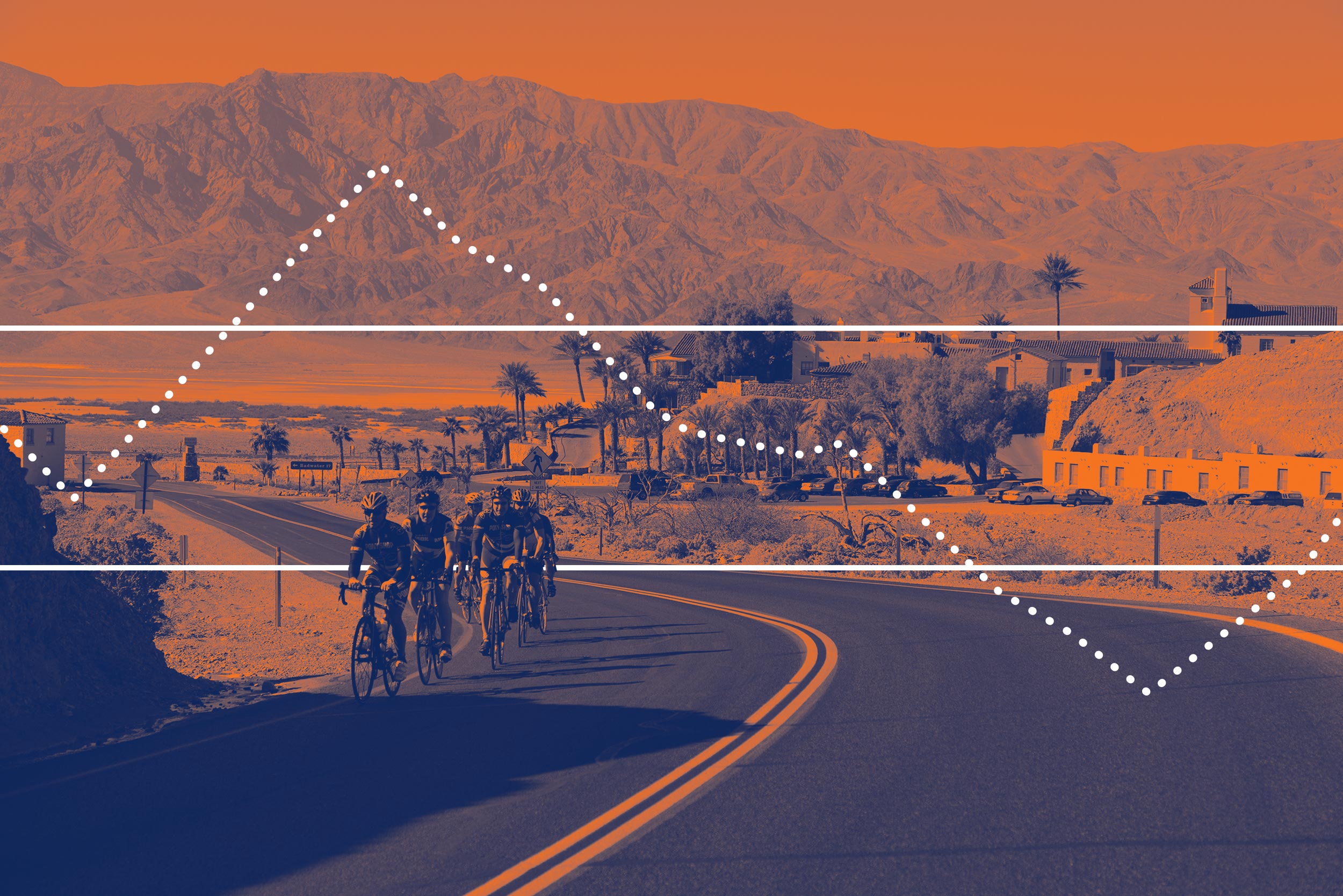 Bikers on the road with an orange overlay.  Two parallel white lines are near the middle with a dotted link going up and down across the white lines