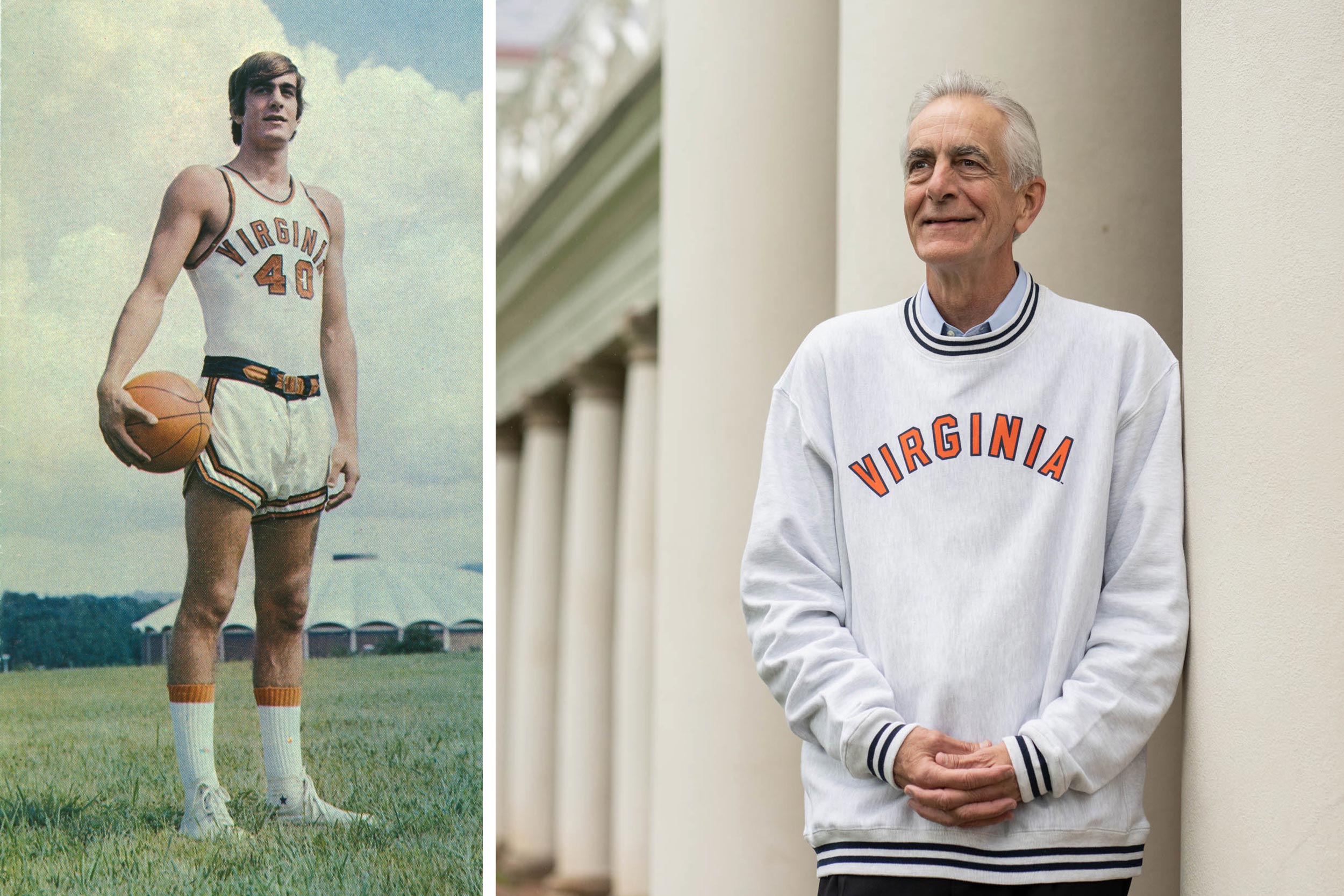 Barry Parkhill in his UVA basketball uniform, left, and Barry Parkhill now in the vintage sweatshirt, right