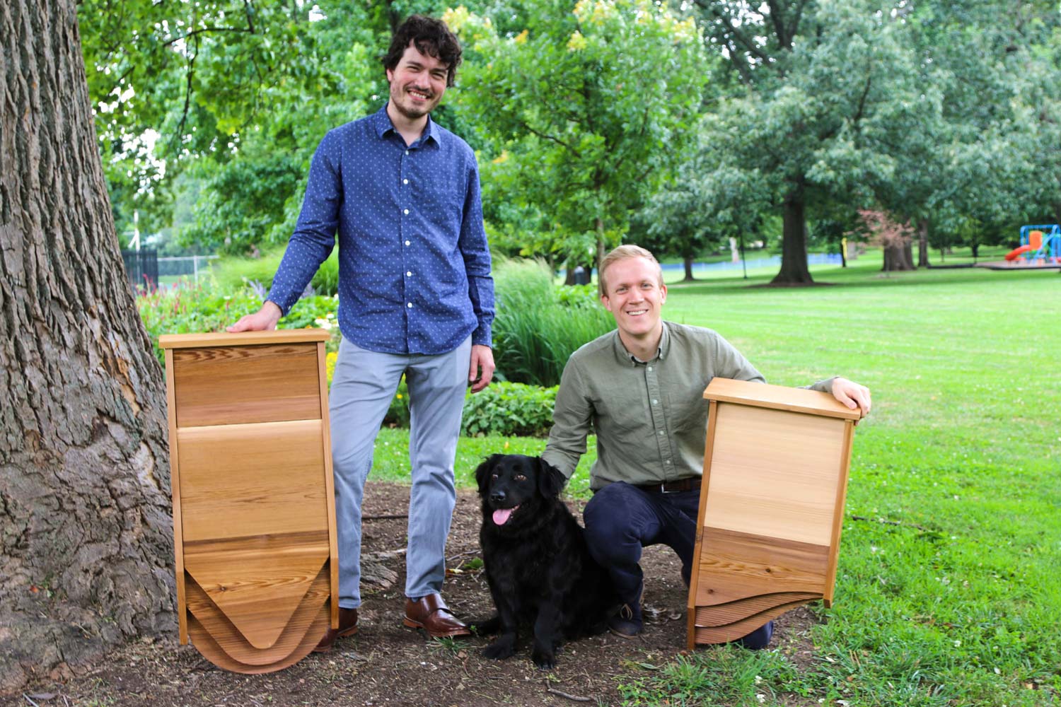 Broadhurst, left, and Rannefors with their BatBNB with their dog