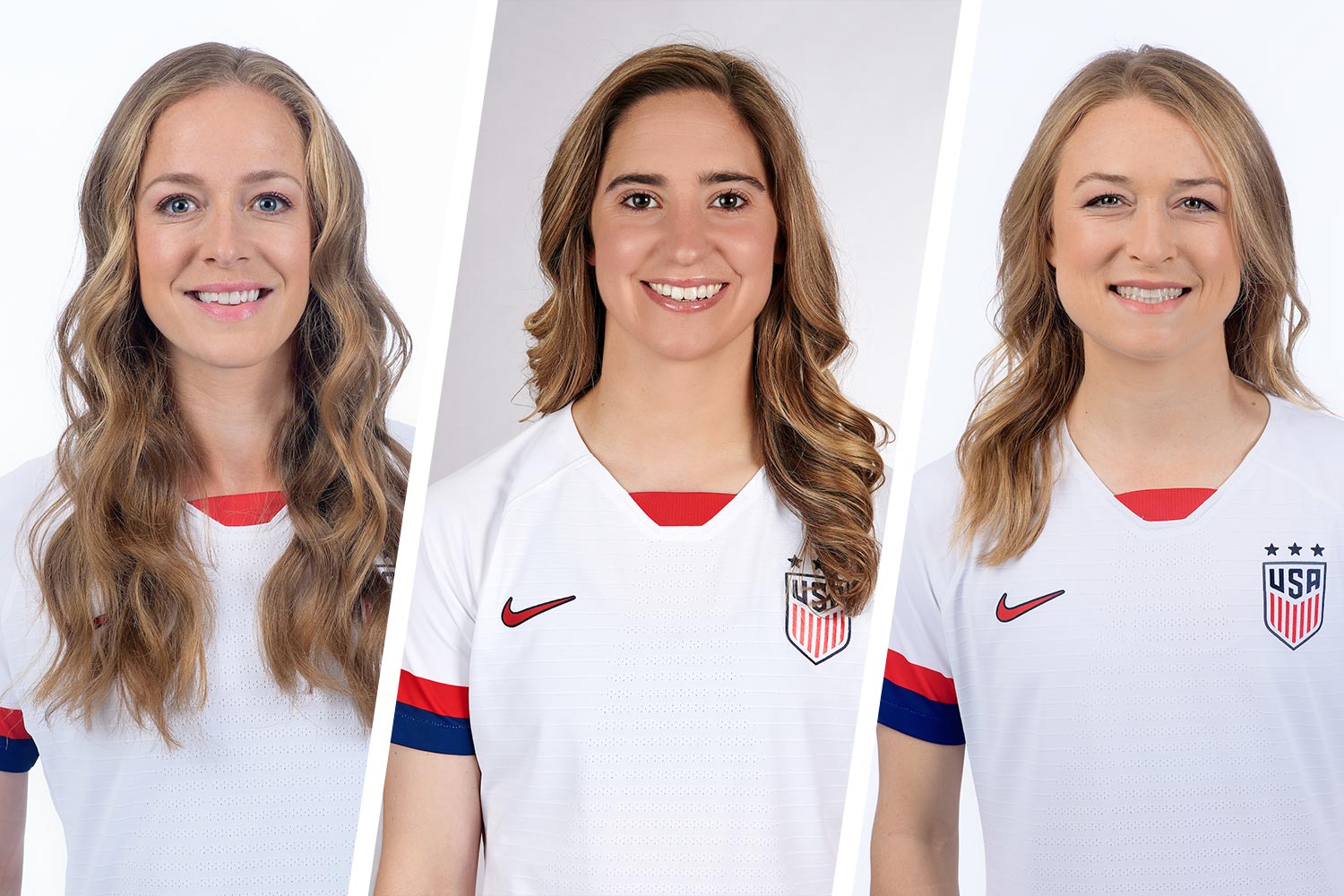 Headshots left to right:  Becky Sauerbrunn, Morgan Brian and Emily Sonnett