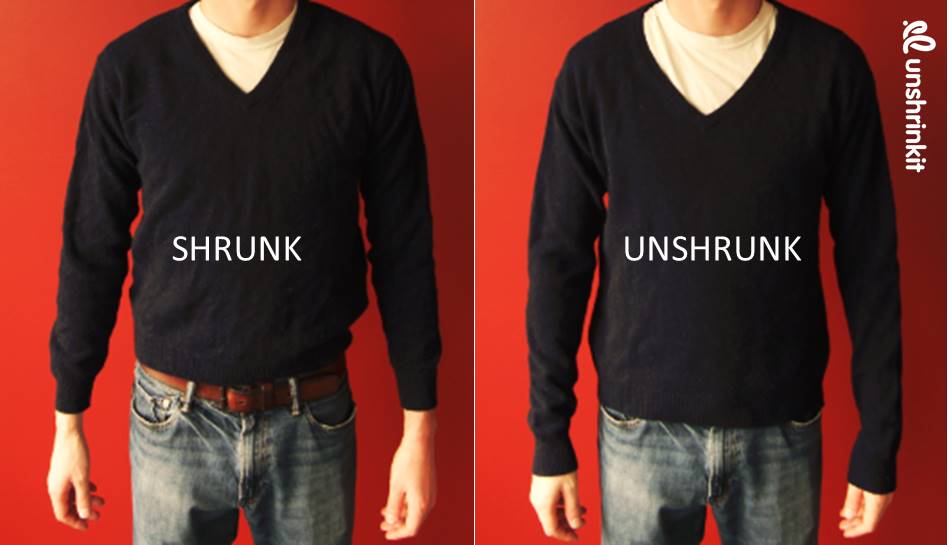 A before-and-after look at a sweater that was shrunk by accident and then treated with Unshrinkit.