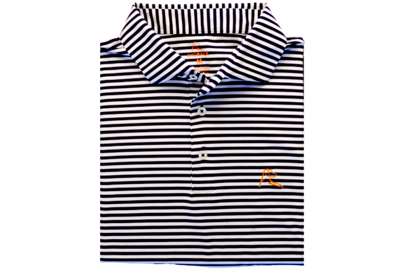 Rhoback’s products include the sweat-wicking polo shirt shown above, each with the signature stripe mimicking the Rhodesian Ridgeback’s coat. 