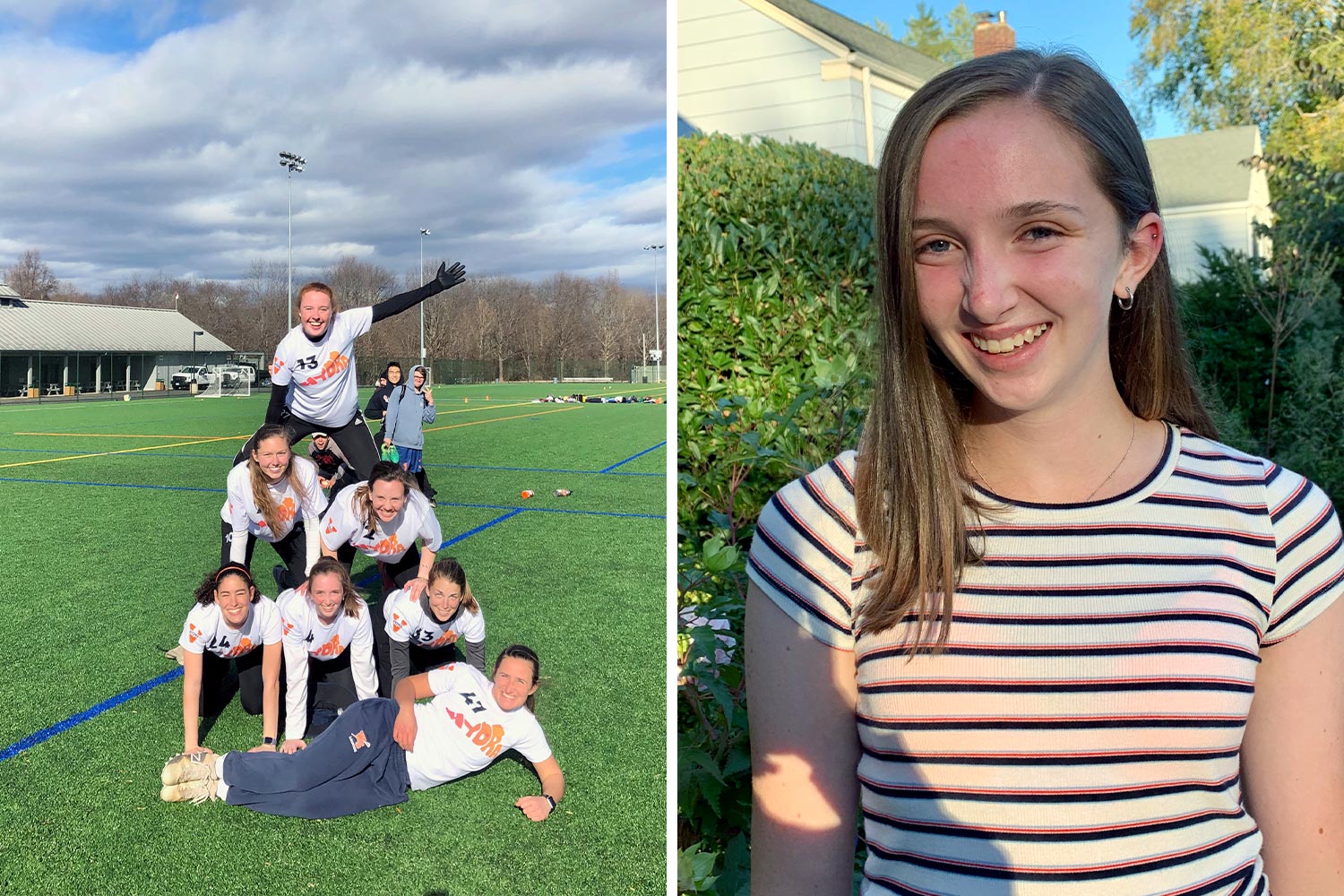 Left:  UVA ultimate frees-bee team makes a human pyramid. Right:  Birgitta Taylor-Lillquist  headshot