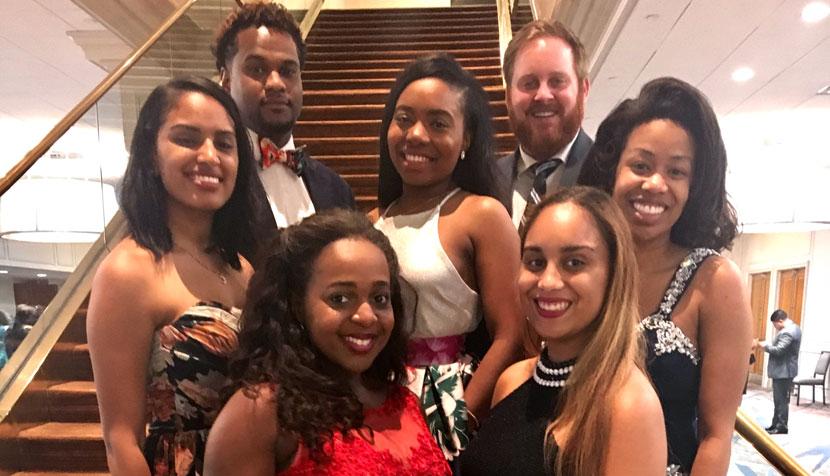 Members of UVA’s Black Law Students Association chapter include, left to right, Marwa Abdelaziz, Steven Morris, Deitra Jones, Charis Redmond, Jeremy Lofthouse, Nel-Sylvia Guzman and Keyawna Griffith.