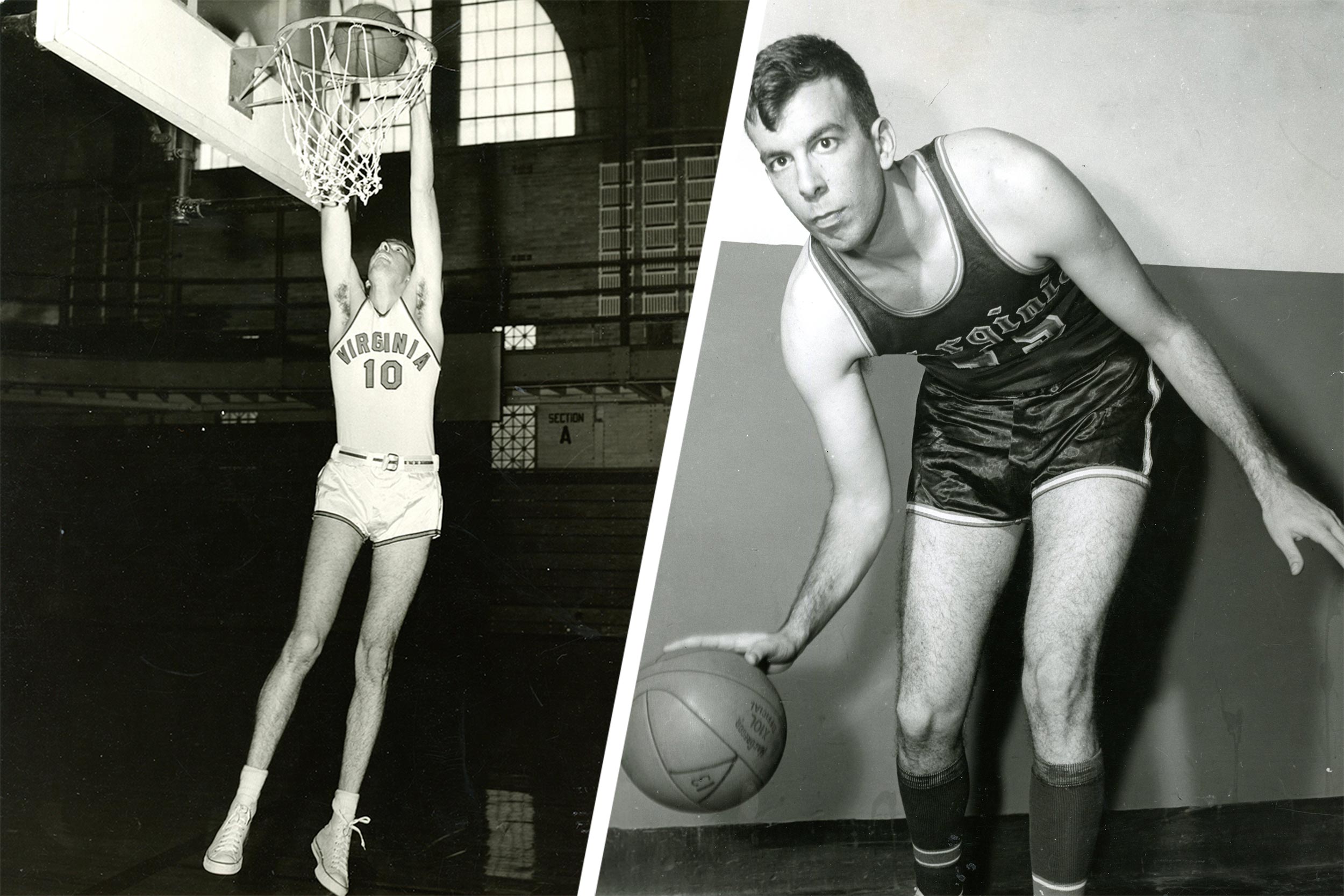 Left: Ben Mortell dunking the basketball. Right: Ben Mortell dribbling the ball